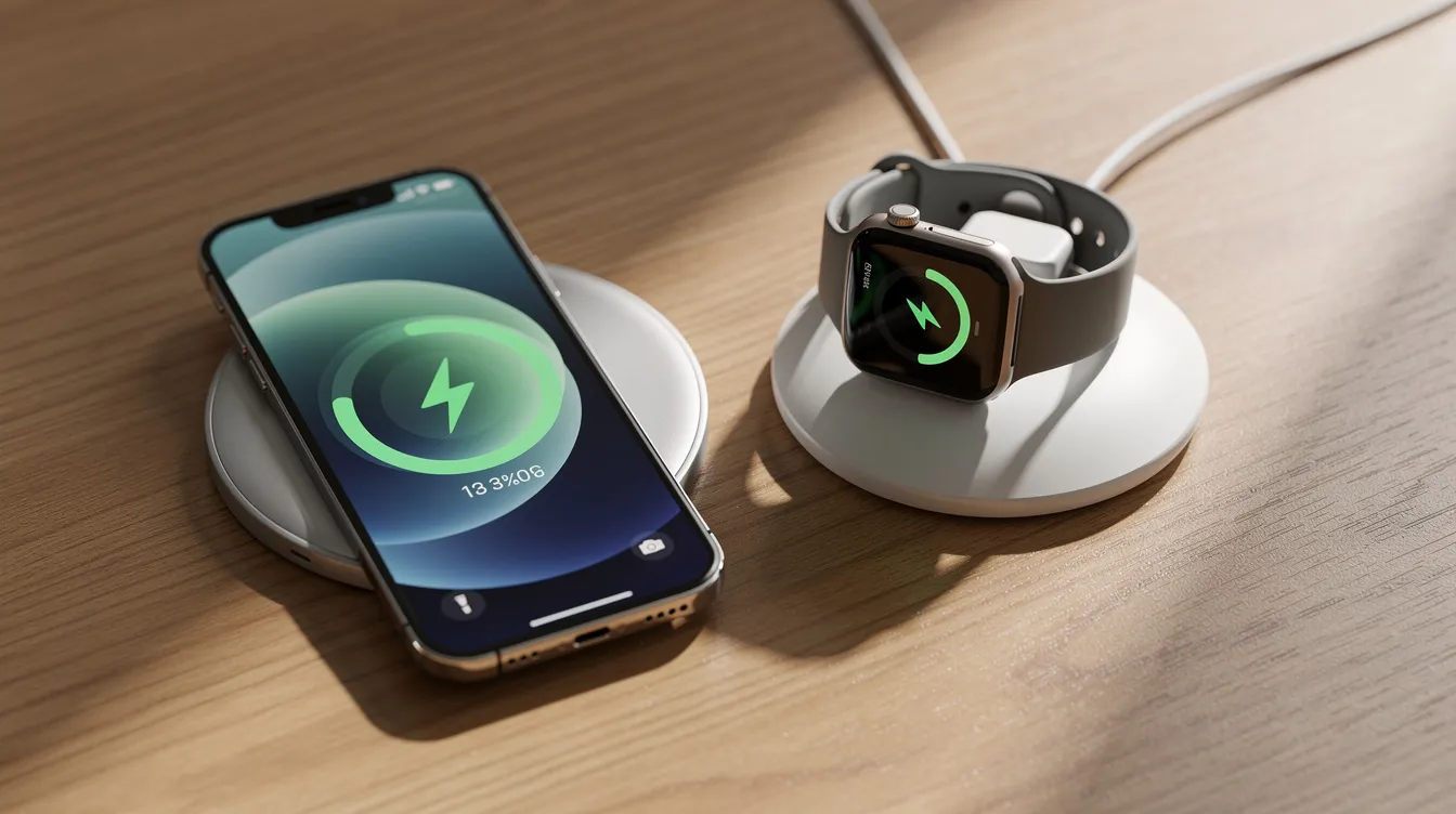 Auf einem Holztisch laden ein iPhone und eine Apple Watch nebeneinander auf ihren jeweiligen Ladegeräten. Die Geräte sind bereit, um synchronisiert und miteinander gekoppelt zu werden, während sie ihre Aktivitäten und Gesundheitsdaten verfolgen.