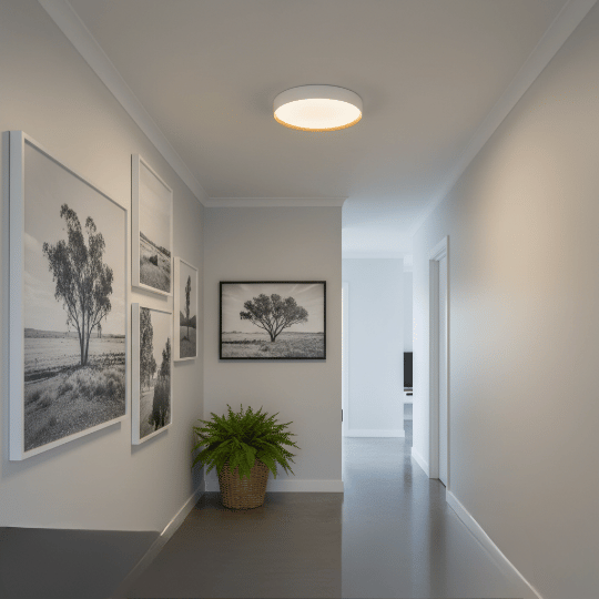 Low-profile flush pendant light opening up a hallway with a low ceiling.