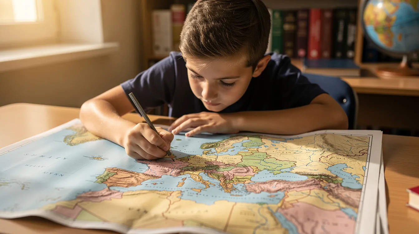 Uczeń w klasie 5 pochyla się nad kolorową mapą historyczną starożytnego świata, zaznaczając ołówkiem rzeki i państwa, co ilustruje temat pierwszych cywilizacji, takich jak Starożytny Rzym i Starożytna Grecja. Scena ta odzwierciedla zaangażowanie w naukę historii i przygotowania do testów z tego przedmiotu.
