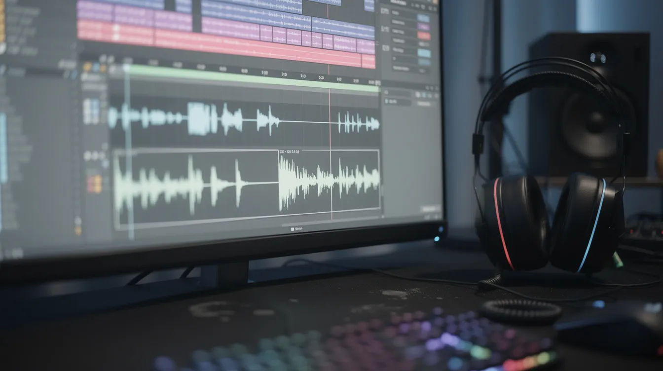 A close-up view of a computer screen displays audio waveforms being edited, showcasing the intricate process of podcast editing services. Nearby, a pair of studio headphones rests, emphasizing the importance of audio quality in creating a cohesive story for listeners. A close-up view of a computer screen displays audio waveforms being edited, showcasing the intricate process of podcast editing services. Nearby, a pair of studio headphones rests, emphasizing the importance of audio quality in creating a cohesive story for listeners.