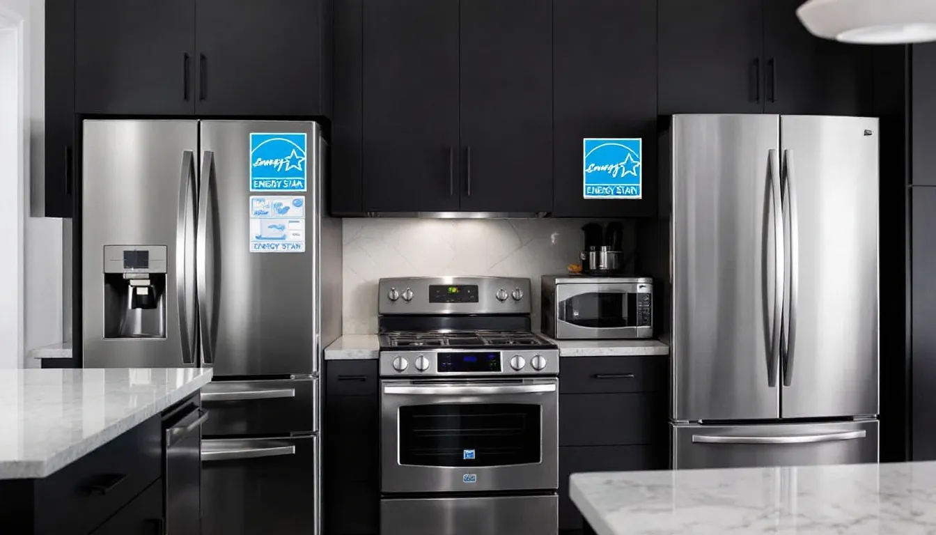 The image features modern energy-efficient kitchen appliances, prominently displaying Energy Star labels, showcasing a sleek and functional space ideal for meal prep and cooking. This contemporary kitchen design highlights the importance of upgrading older appliances to improve functionality and resale value for potential buyers.
