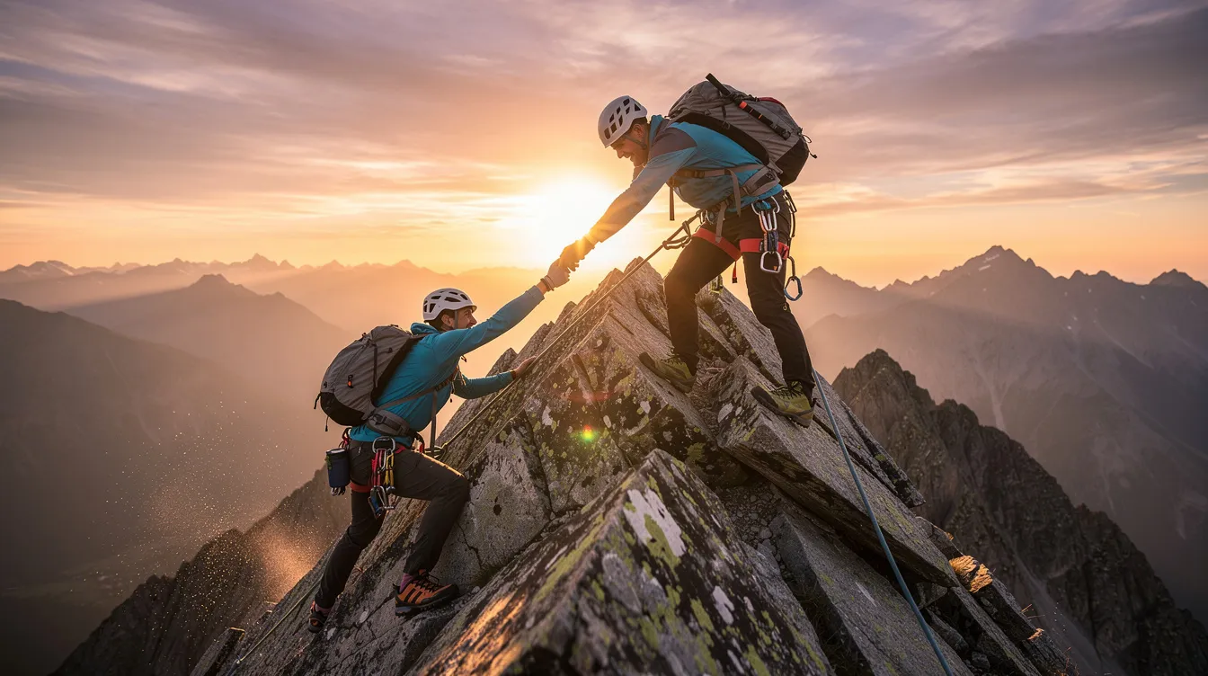 Se ve a dos escaladores ayudándose mutuamente a alcanzar la cima de una montaña, recortados contra un amanecer de colores vivos, lo que simboliza la colaboración y la aceleración del crecimiento de la marca. Esta imagen refleja la importancia de la colaboración a la hora de lograr estrategias de marca eficaces e impulsar el crecimiento empresarial.