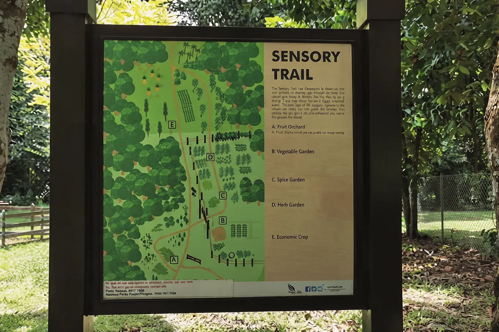 Pulau Ubin Sensory Trail signboard showing fruit orchard, spice garden, and herb garden map in lush greenery
