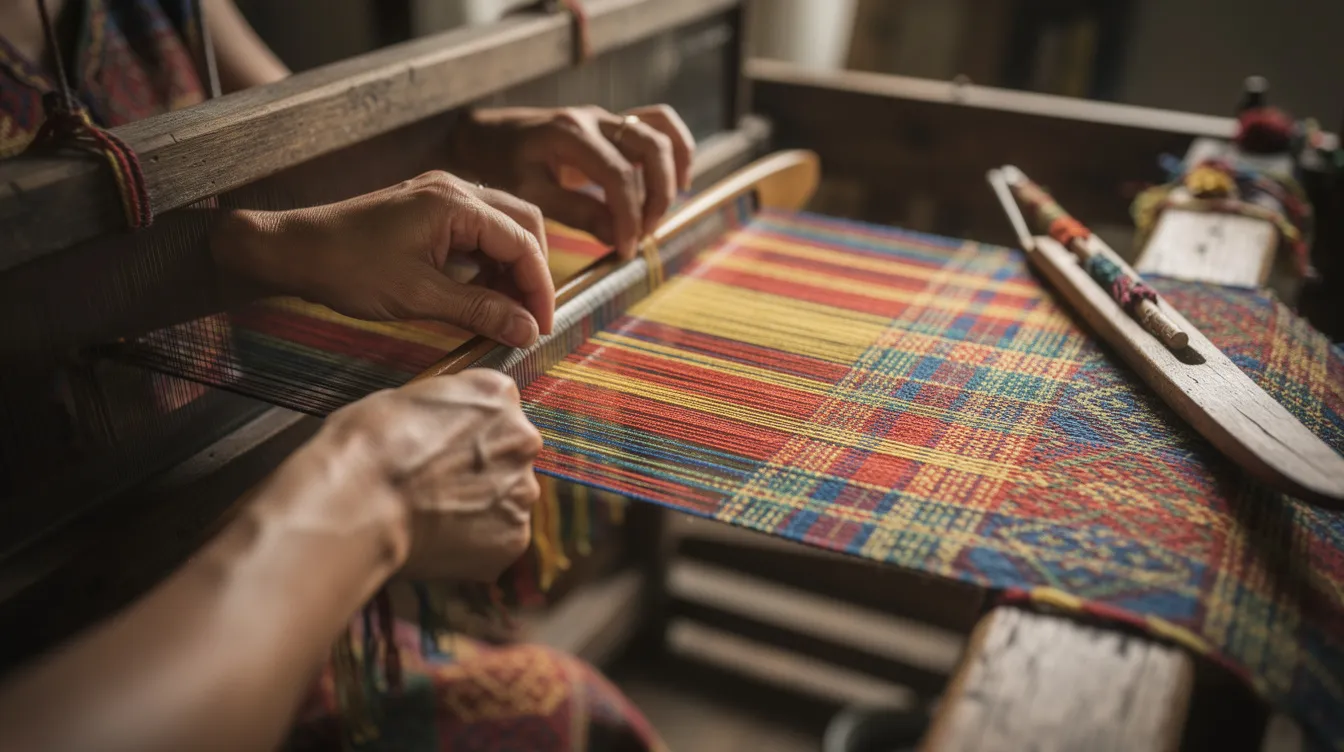 424a5b45 1d15 479b b0ee 1b10354fb321 A close-up view of hands skillfully weaving vibrant traditional fabric on a wooden handloom, showcasing the rich cultural heritage and craftsmanship of local artisans. This image highlights the potential of textile-based handicrafts as a profitable small business idea in Odisha, emphasizing the importance of preserving traditional arts while generating employment within artisan communities.