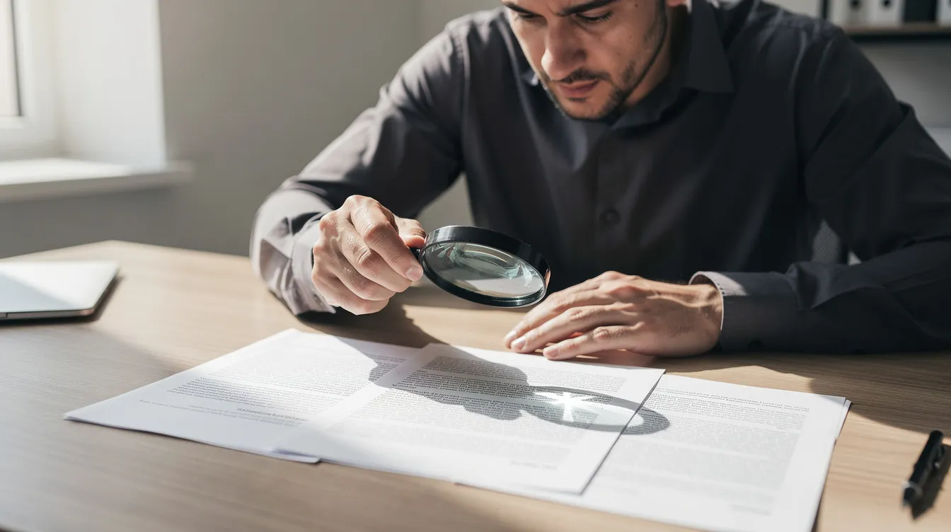 A person is intently examining printed documents with a magnifying glass, highlighting the importance of understanding loan details such as interest rates and terms. This careful review is crucial for borrowers, especially those seeking funding through schemes like the Pradhan Mantri Mudra Yojana for micro enterprises.