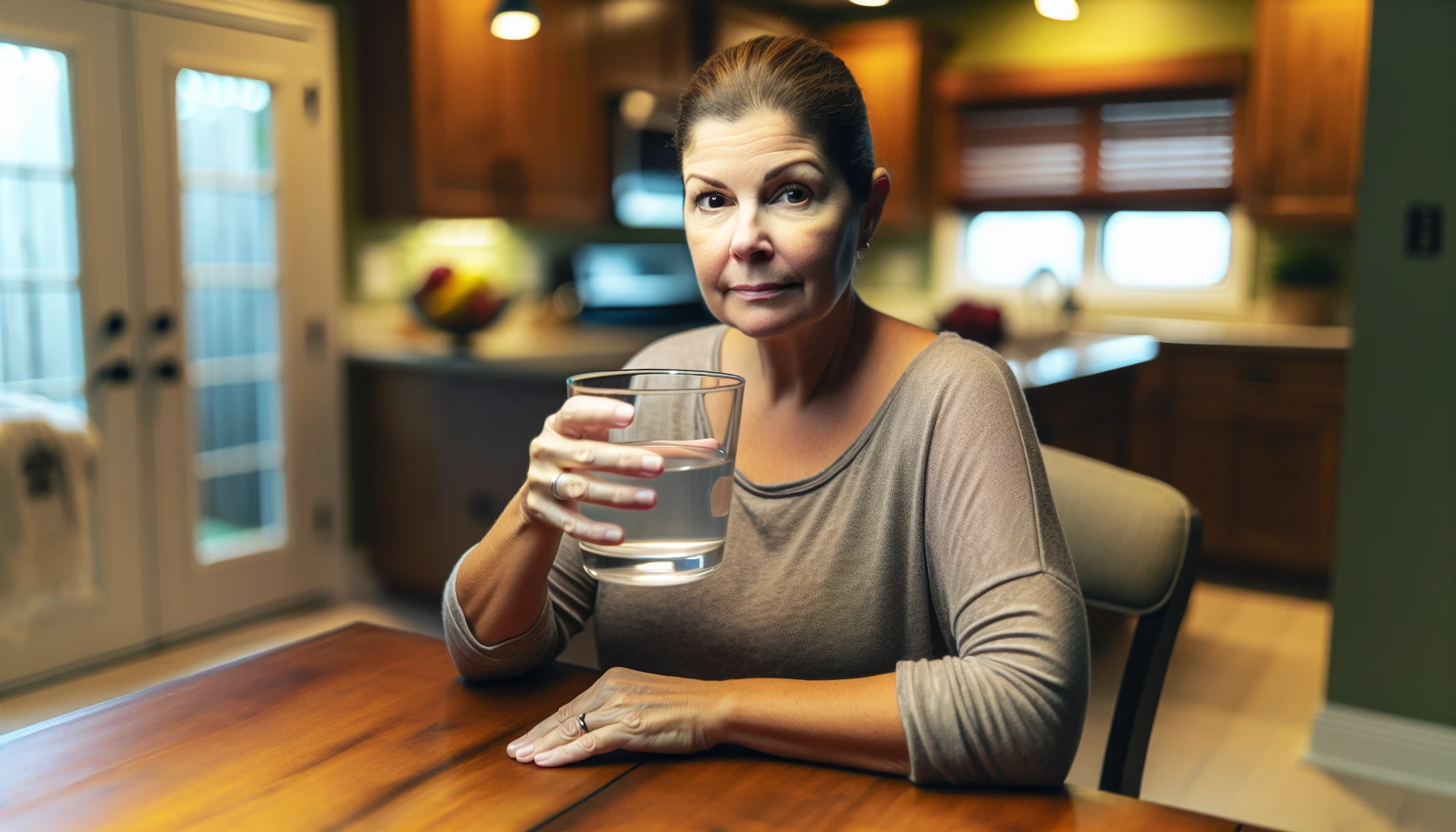 Woman drinking clear liquid during colonoscopy prep