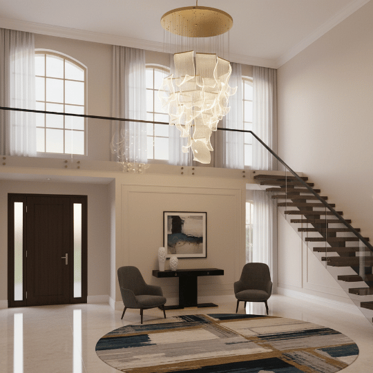 Contemporary glass chandelier with cascading wave design illuminating a double-height foyer, perfect for modern foyer chandelier ideas.