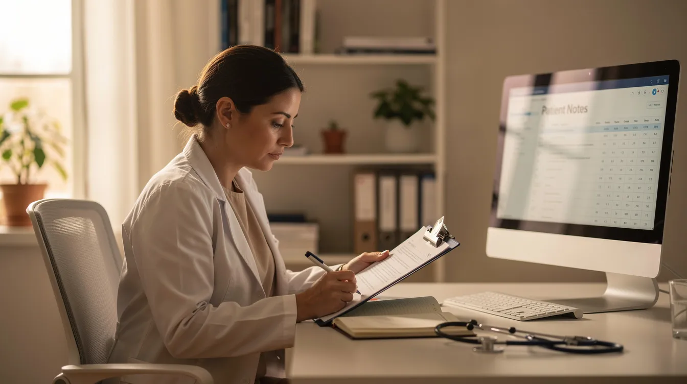 A clinician is seated in a calm office setting, reviewing notes as part of their professional development and ongoing education. The environment reflects a focus on quality clinical supervision and training, emphasizing the importance of continuous learning in their practice.