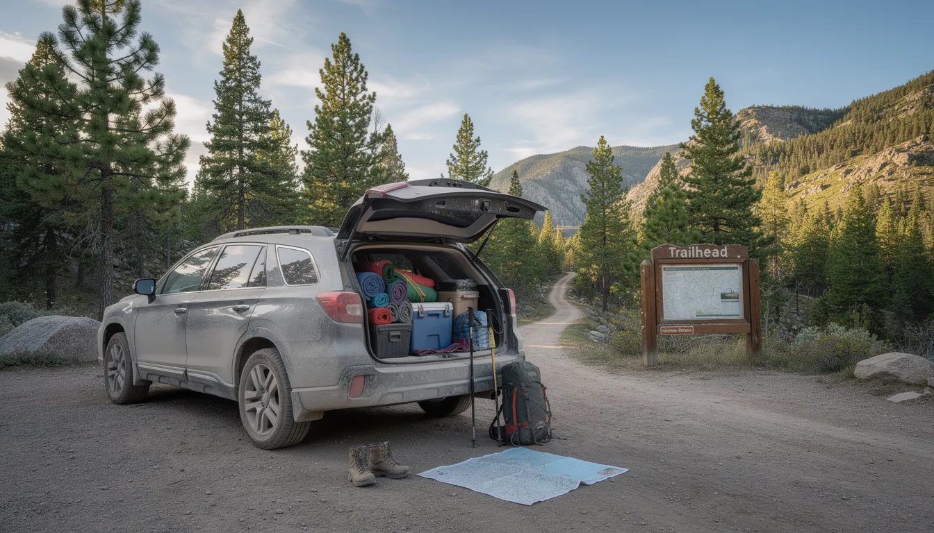 A large SUV, such as a Chevy Suburban, is parked at a national park trailhead, filled with camping gear and sports equipment, showcasing its ample cargo space and spacious interiors ideal for family trips and outdoor adventures. This full-size SUV offers an elevated driving position and is perfect for travelers seeking comfort and extra room for their gear on long trips.