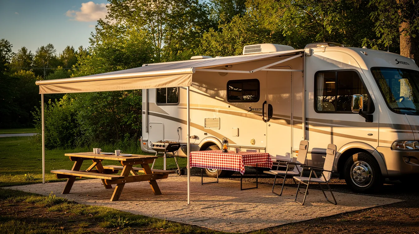 The image depicts an RV campsite featuring a spacious awning that provides shade over a picnic area, surrounded by lush trees in a warm summer setting. This inviting scene is perfect for RV enthusiasts looking to enjoy the outdoors while ensuring their RV's heating and cooling systems maintain the desired temperature for comfort.