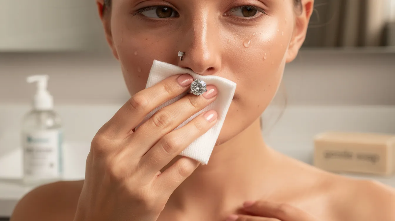 An image showing a person gently cleaning a cubic zirconia nose ring with a saline solution, emphasizing the importance of daily care for nose piercings to maintain their shine and the health of sensitive skin. The background includes a collection of nose studs and rings in various metals, highlighting options available in a jewellery store.