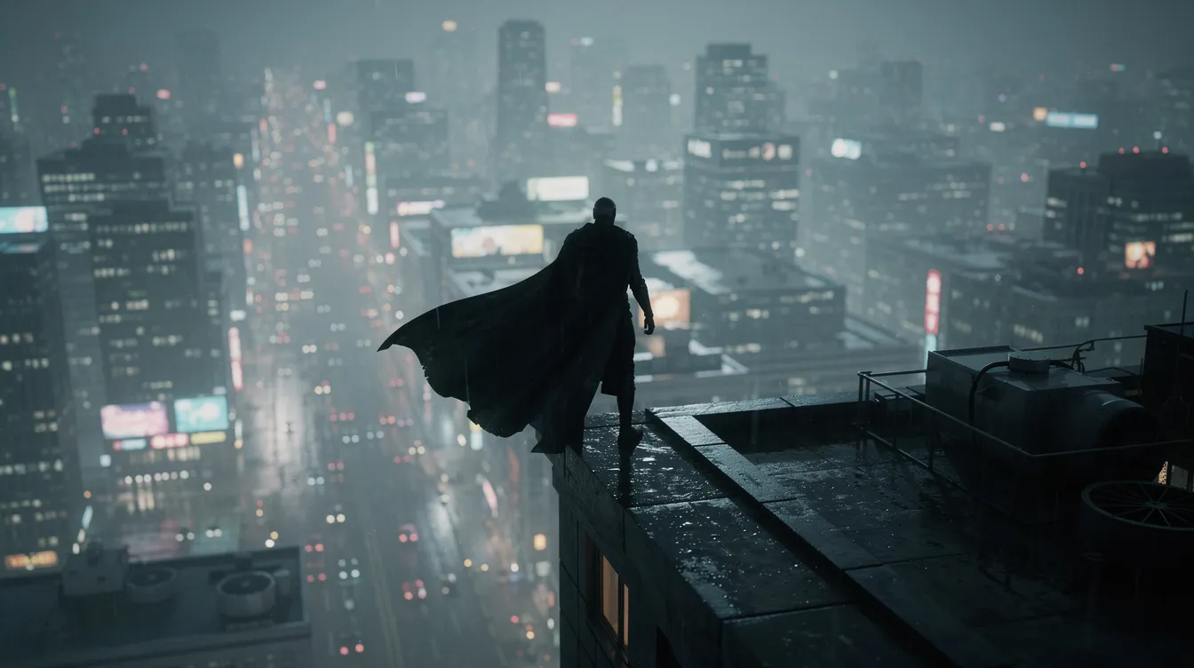 Eine einsame, dunkle Gestalt in einem Batman-Kostüm steht auf einem Gebäudevorsprung und blickt über die neblige, beleuchtete Großstadt Gotham City bei Nacht, während der Umhang im Wind weht. Die Atmosphäre ist geheimnisvoll und vermittelt das Gefühl eines wachsamen Helden, der über die Stadt wacht.
