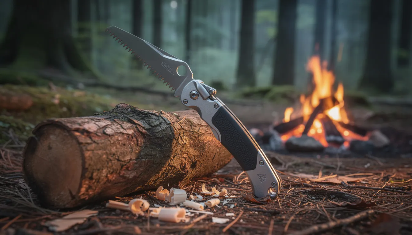 A compact folding saw with a curved blade and aggressive teeth rests on a log next to a small campfire in a serene forest setting, highlighting its solid construction and ergonomic handle, perfect for cutting wood while camping or for trail maintenance. The saw's compact design and sharp blade promise quick work when pruning trees or cutting firewood.