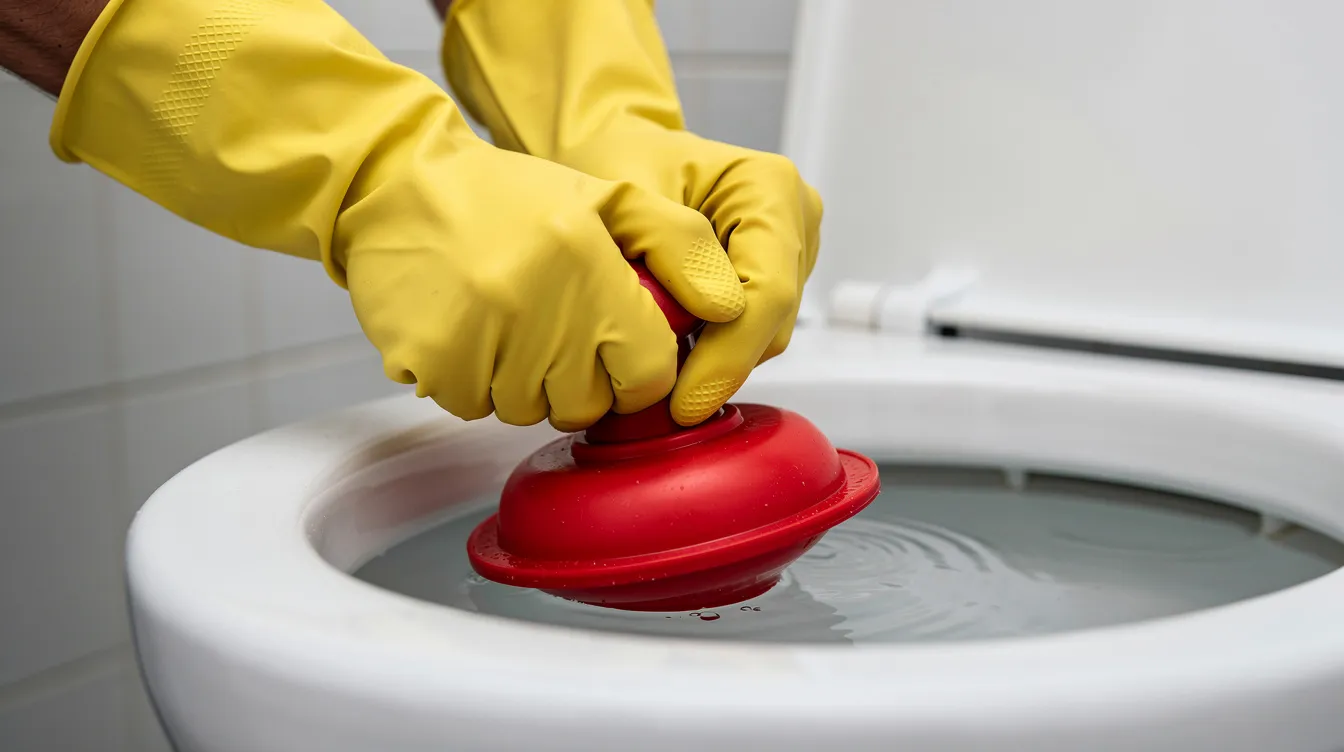 Eine Person mit Gummihandschuhen verwendet einen roten Pümpel, um eine verstopfte Toilette zu entstopfen. In der Toilettenschüssel sind Wasser und Toilettenpapier sichtbar, während die Person konzentriert an der Beseitigung der Verstopfung arbeitet.