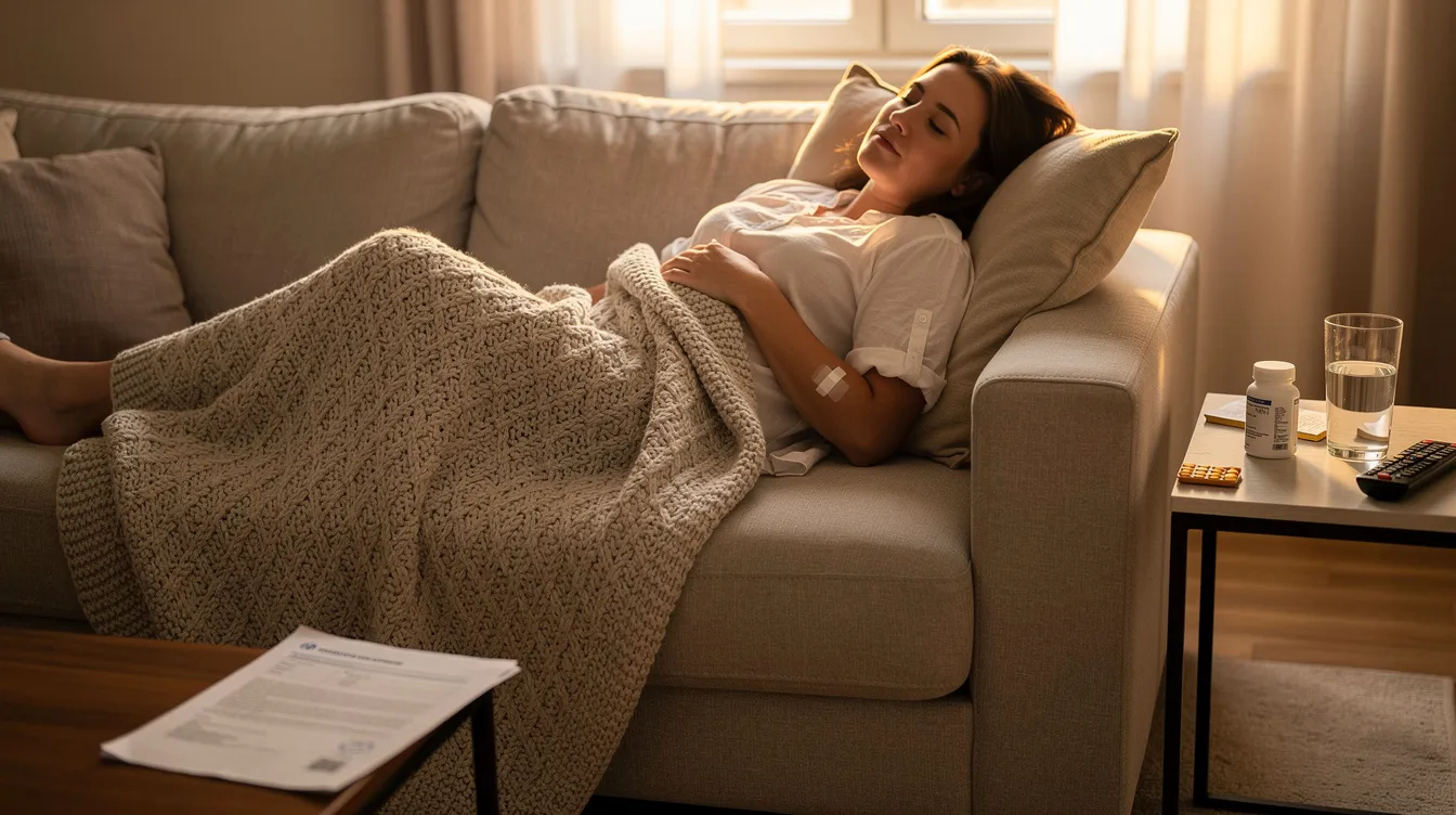 The image shows a person resting comfortably on a couch at home, wrapped in a cozy blanket, symbolizing the recovery phase after a surgical procedure like a body lift or tummy tuck. This serene scene reflects the journey of bariatric surgery patients as they heal from significant weight loss and adjust to their new body contours.