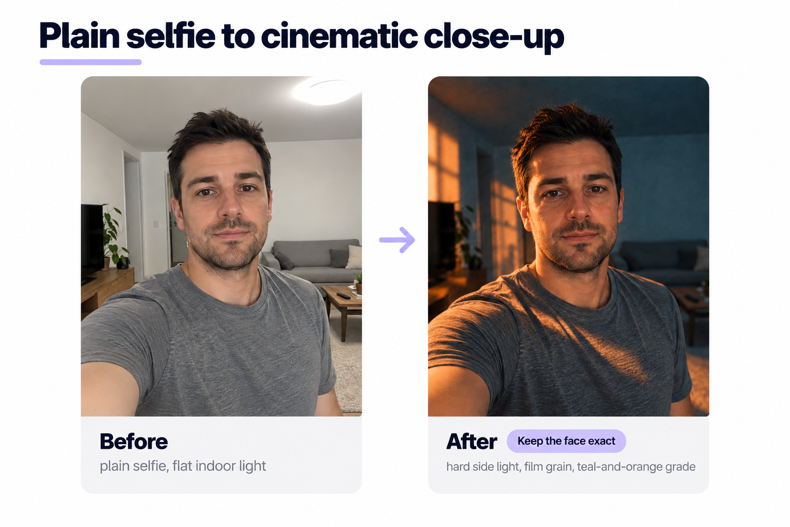 Before-and-after: a plain selfie transformed into a cinematic close-up