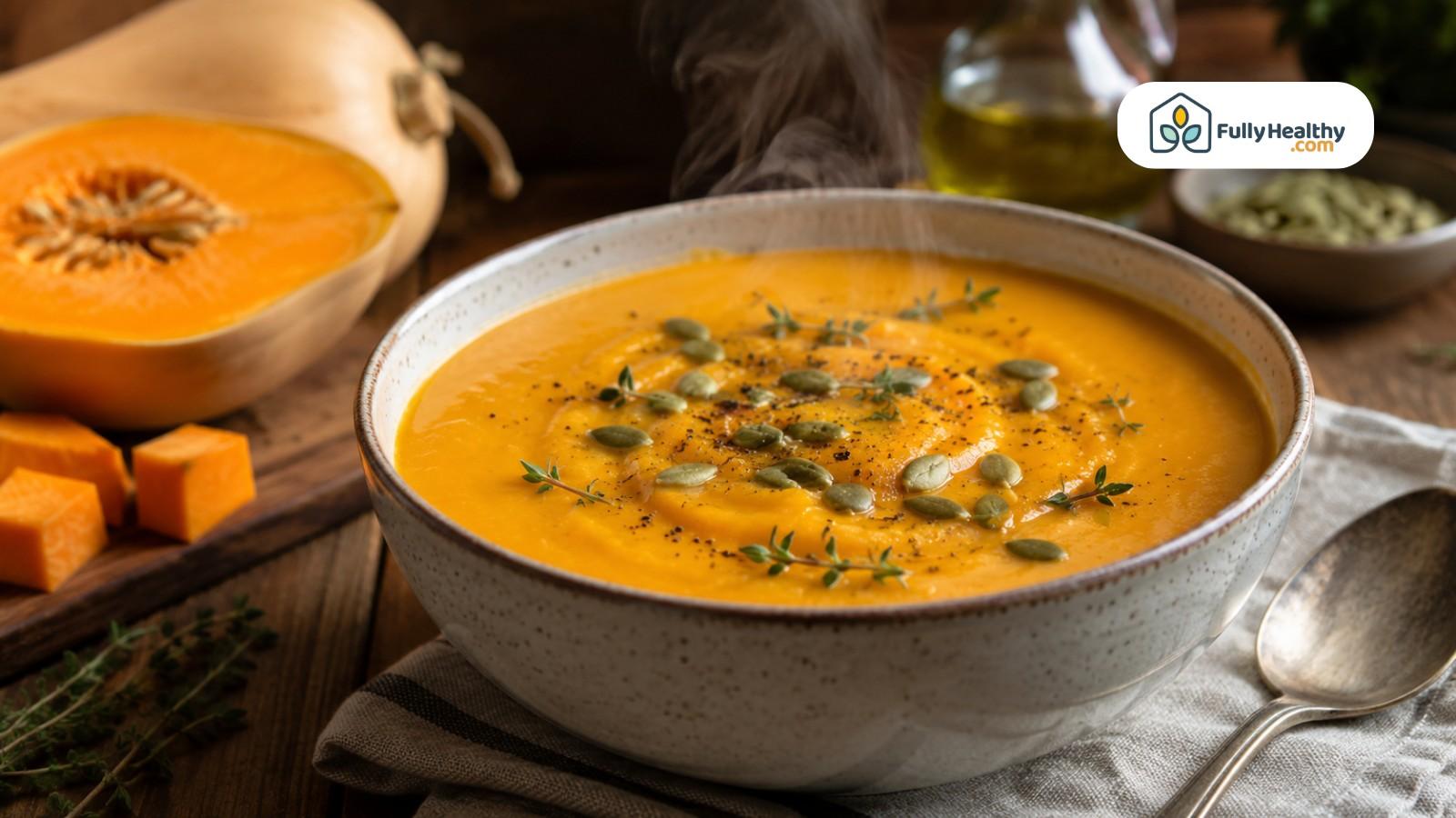 Creamy butternut squash soup topped with seeds herbs and black pepper