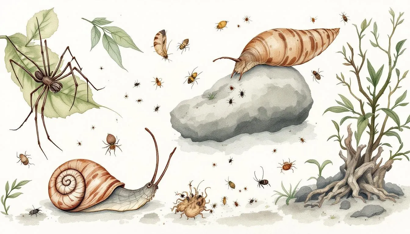 A selection of critters to avoid in terrariums, including spiders and slugs.