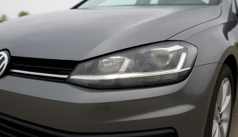 A car showing left side headlight having fog build up due to incorrect install harness