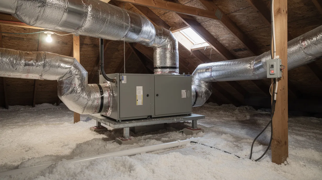 The image shows a residential air handler unit installed in an attic space, with visible ductwork connections. This HVAC system includes an evaporator coil, which is essential for cooling, and highlights the importance of proper maintenance and potential costs associated with evaporator coil replacement.
