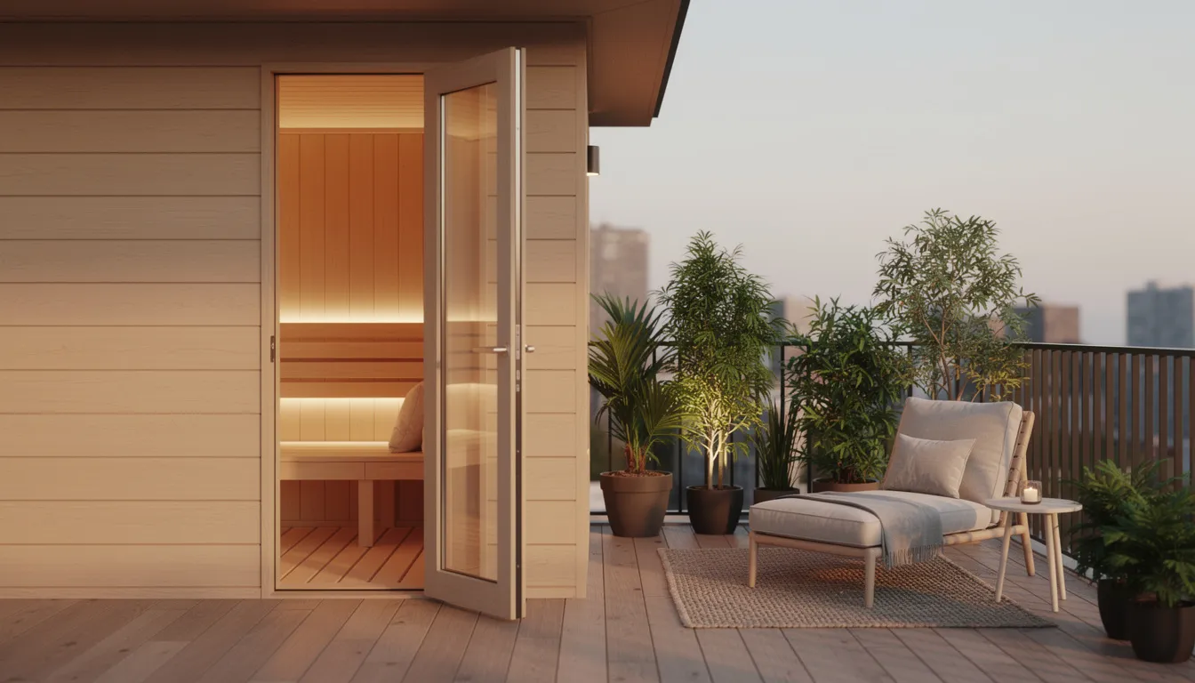 The image depicts a small wooden sauna room featuring a glass door that opens onto a private balcony adorned with plants and outdoor furniture, creating a serene space for relaxation. This compact sauna design integrates modern home design elements, offering an inviting atmosphere for enjoyment and comfort.