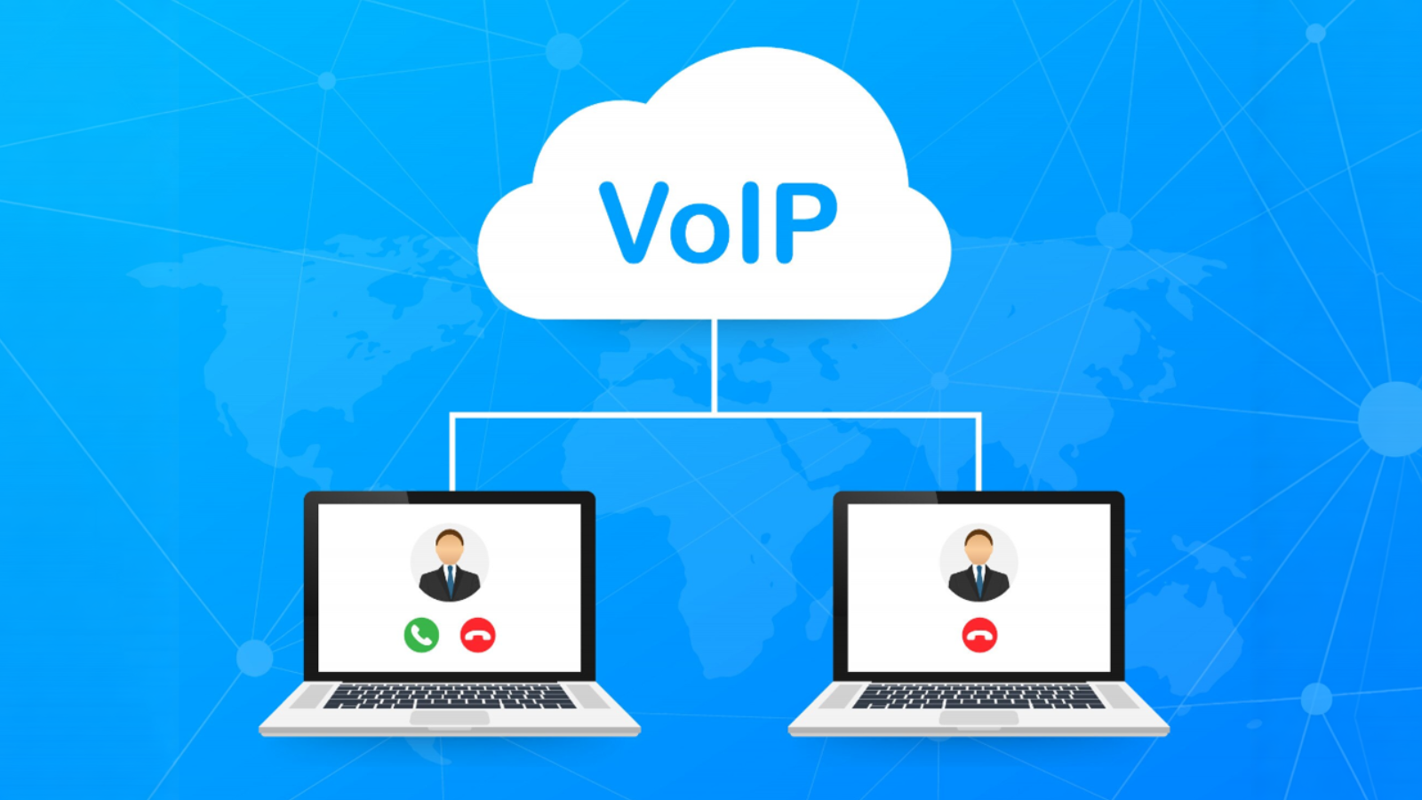 An illustrated cloud labeled “VoIP” is connected to two laptops, each displaying a simplified avatar with phone call icons, symbolizing a digital voice connection. This visual represents modern phone systems using cloud-based communication for cost-effective telecom solutions.