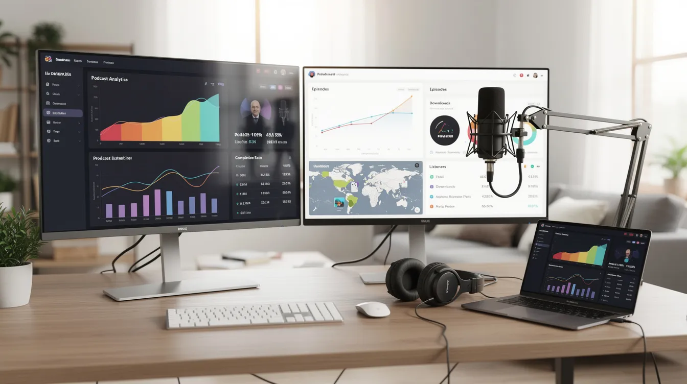 The image depicts a modern workspace with multiple computer monitors displaying detailed podcast analytics, showcasing metrics from various podcast episodes. This setup highlights the use of a podcast hosting platform for managing multiple podcasts and analyzing their performance across popular podcast apps and directories. The image depicts a modern workspace with multiple computer monitors displaying detailed podcast analytics, showcasing metrics from various podcast episodes. This setup highlights the use of a podcast hosting platform for managing multiple podcasts and analyzing their performance across popular podcast apps and directories.