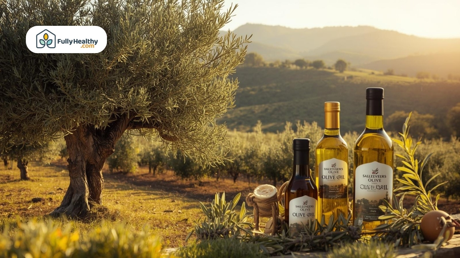 Bottles of olive oil under olive tree in golden hour light