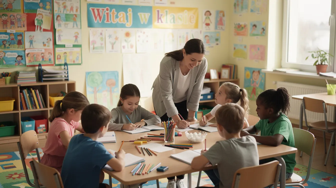 Na zdjęciu widoczna jest nauczycielka pracująca z grupą uczni&oacute;w przy stolikach w kolorowej klasie szkolnej. Uczniowie aktywnie uczestniczą w zajęciach, odkrywając tajemnice przyrody i zdrowia, co jest częścią programu edukacyjnego dla klasy 4.
