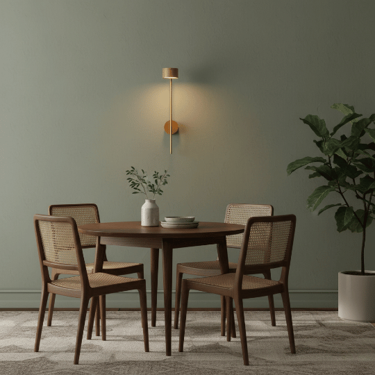Minimalist vintage wall sconce light fixture in kitchen dining area.
