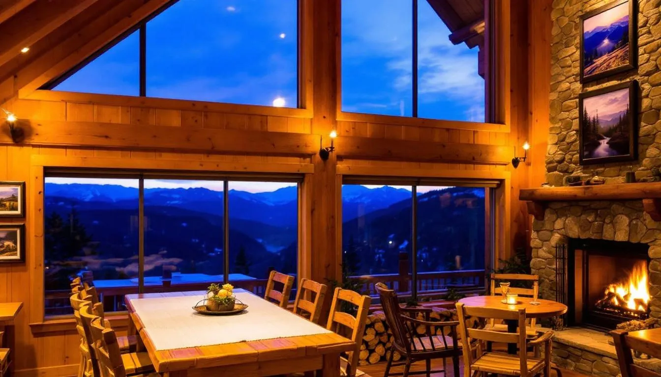 A cozy dining area in the base lodge at Brian Head Ski Resort features large windows that offer stunning mountain views, creating a warm and inviting atmosphere for visitors enjoying their meals after a day of winter activities. The space is designed for families and friends to relax and savor the spectacular scenery of Southern Utah.