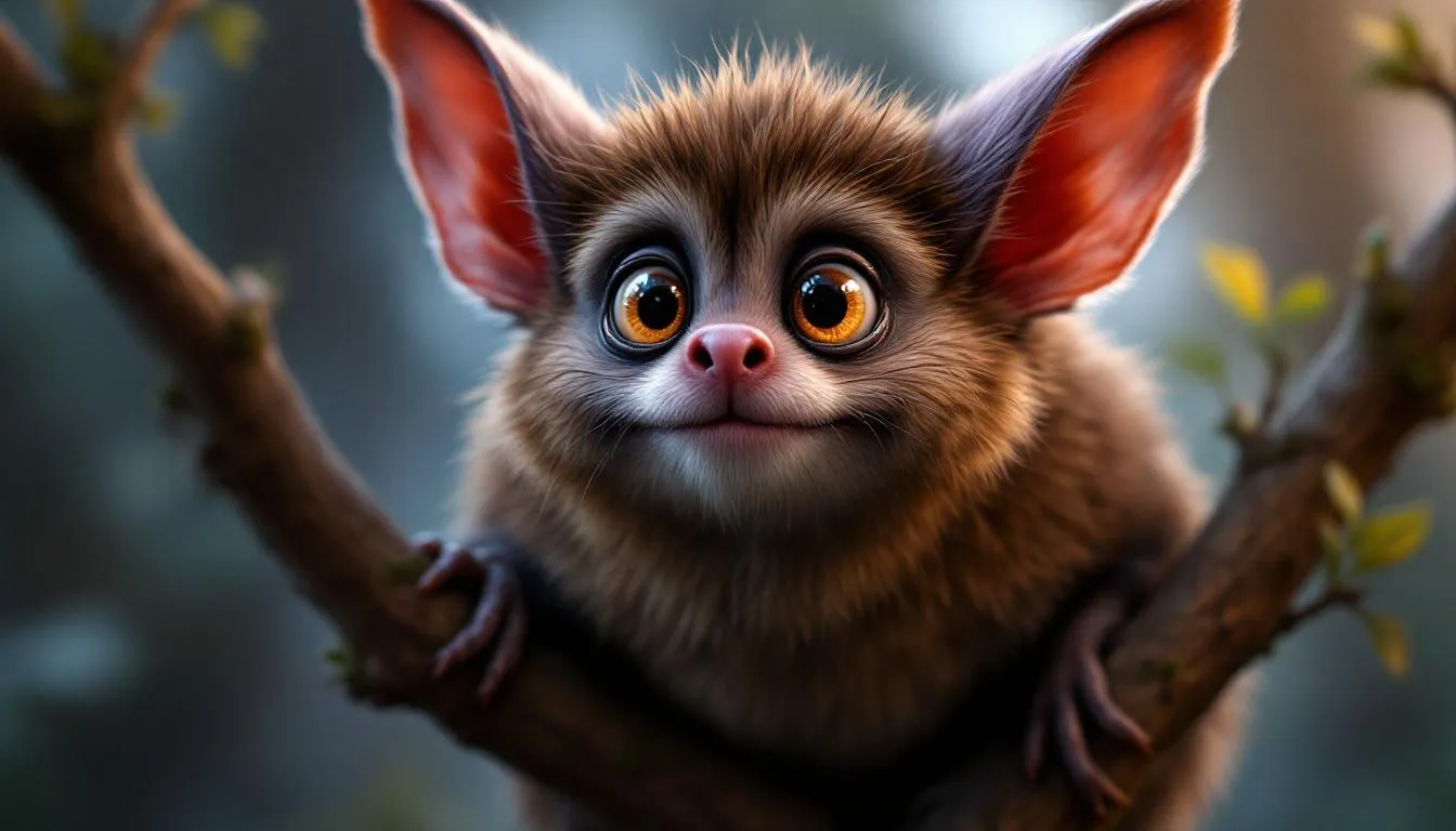 A close-up view of a brown bat resting on a branch, showcasing its features.