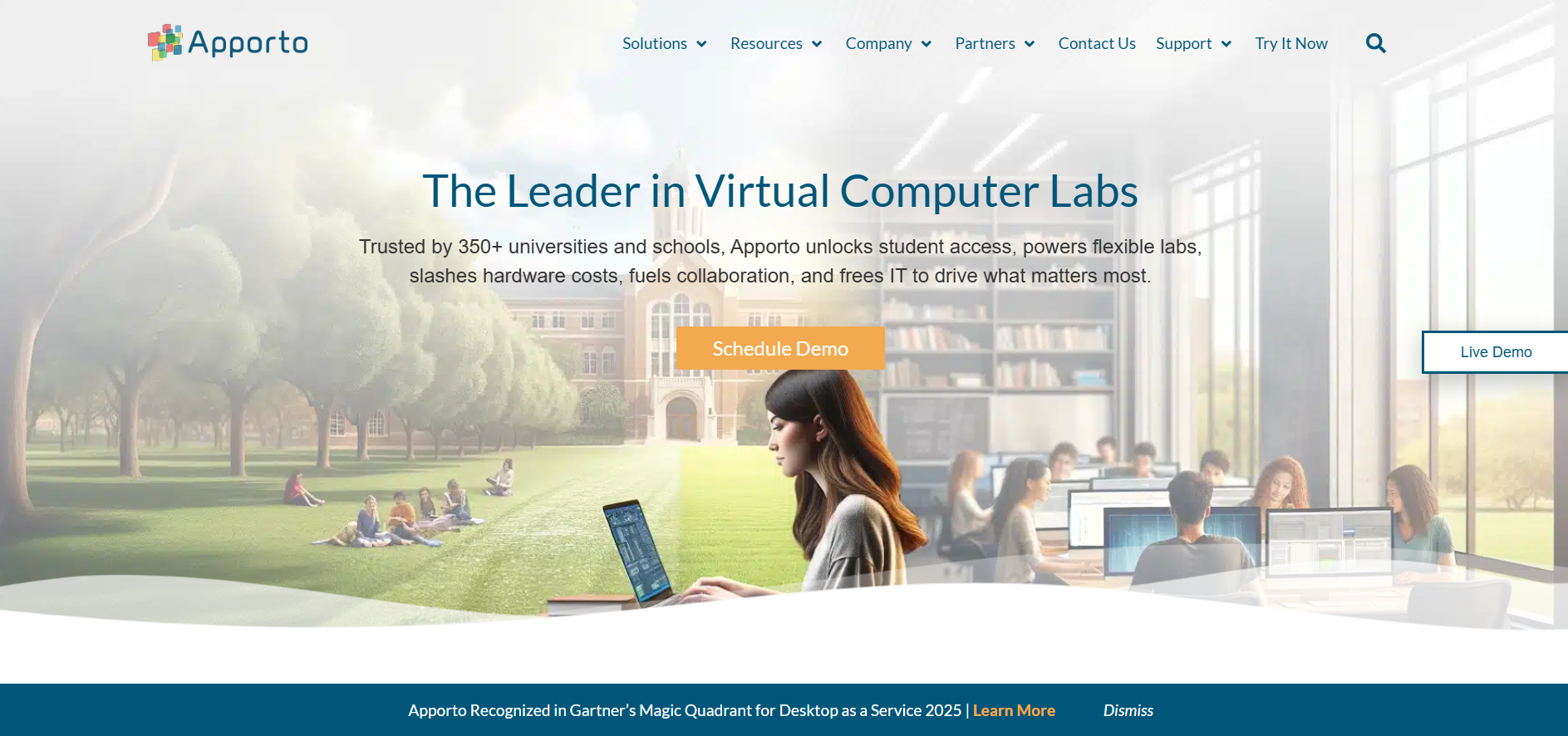 Apporto virtual computer labs homepage showcasing browser-based cloud desktops for students, educators, and remote learning environments.