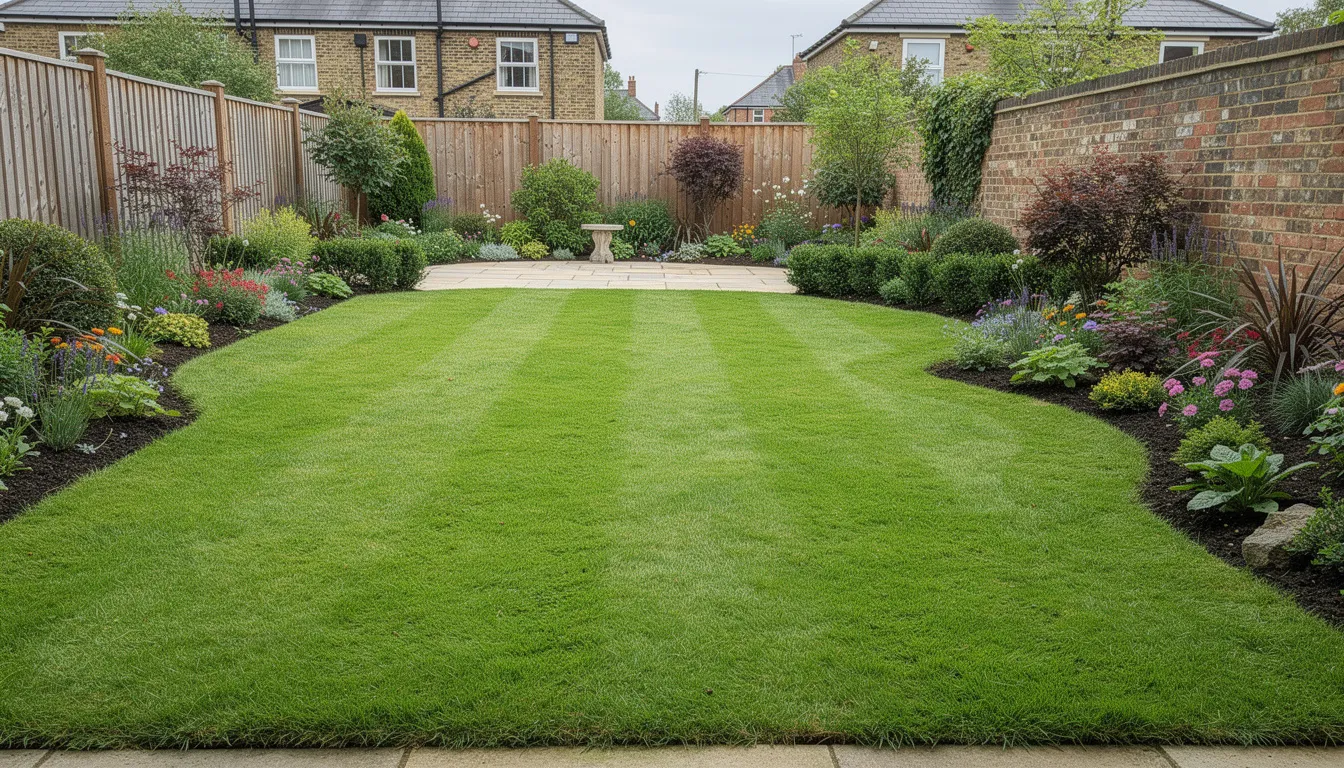The image features a vibrant green lawn in a typical UK back garden, showcasing neat edges and well-defined borders, exemplifying excellent lawn health. This perfect lawn reflects the results of professional gardening services and regular maintenance, creating an inviting outdoor space.