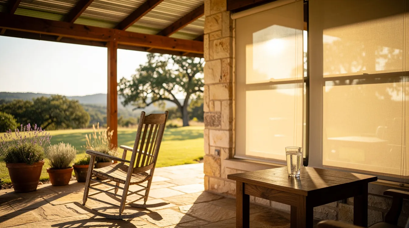 A shaded porch in the Texas Hill Country features drawn window blinds and a glass of water on a side table, creating a serene atmosphere on a bright sunny afternoon. This inviting scene can serve as a reminder for older adults to prepare for emergencies by ensuring their emergency supply kit is ready and accessible.