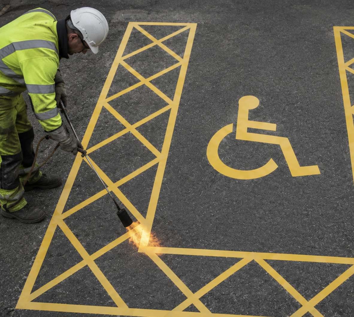 Worker installing double bay thermoplastic symbol