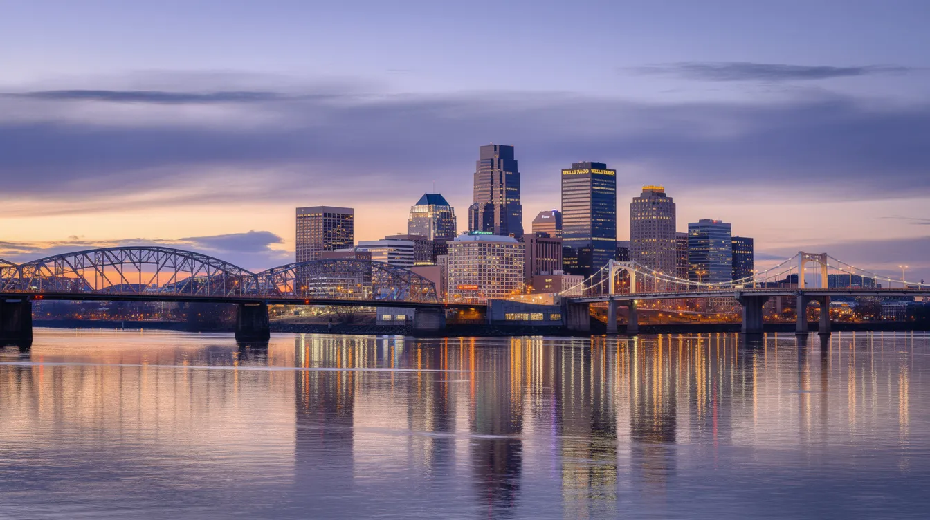 The image depicts the Portland city skyline at dusk, with the Willamette River and several bridges prominently featured in the foreground. The scene captures the vibrant colors of the sunset reflecting on the water, highlighting the urban landscape of Oregon, a state with specific gun laws and regulations regarding concealed carry permits and firearm safety.