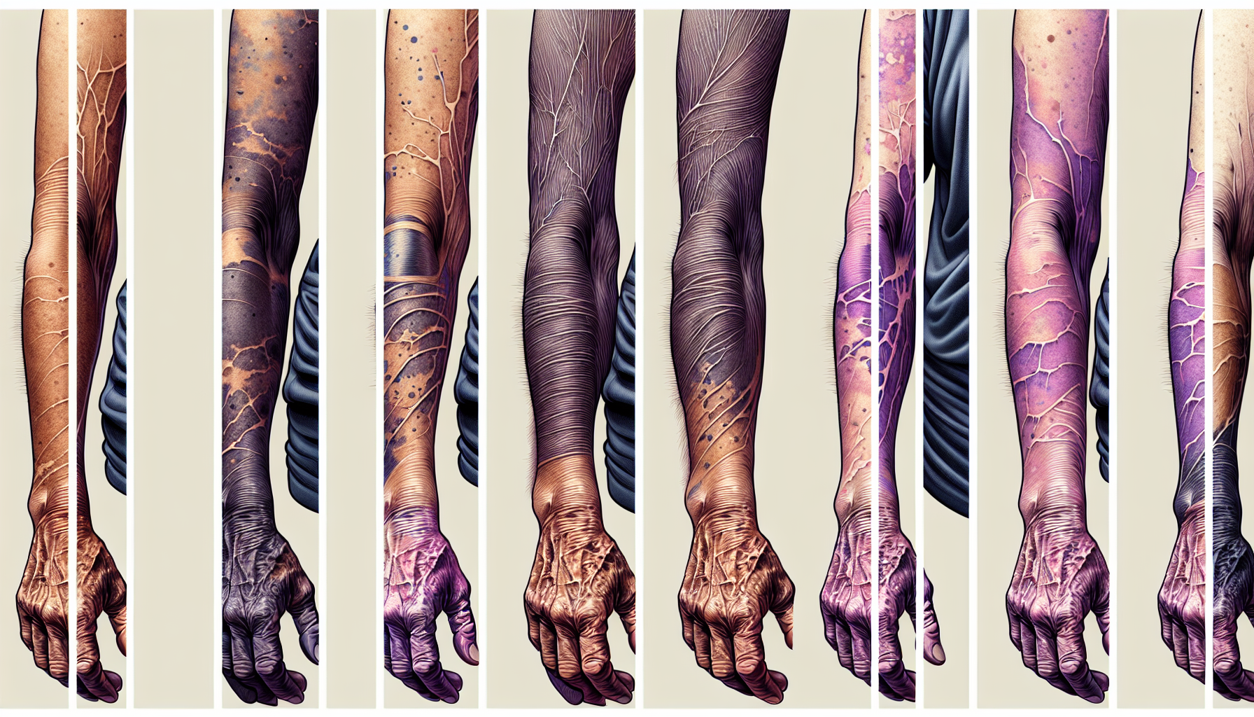 An illustration showing various heroin track marks on skin, indicating drug abuse.