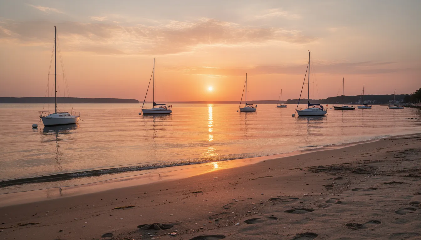 The image captures a stunning sunset over Long Island Sound, with sailboats gently anchored near a sandy beach, embodying the relaxed coastal lifestyle of this historic town. The scene highlights the coastal beauty and picturesque landscapes that define Connecticut's shoreline.