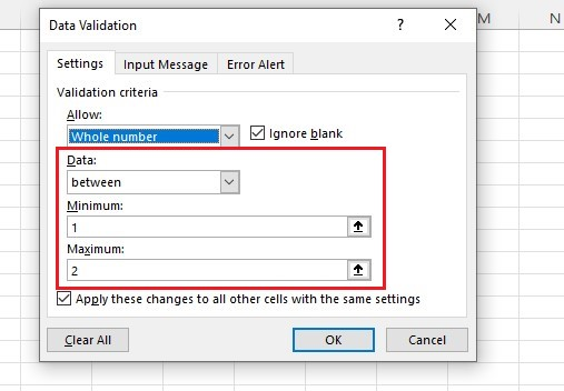 Enter the conditions in the data validation dialog box. Set the minimum and maximum values.