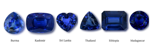 Įvairių formų safyro akmenys baltame fone.