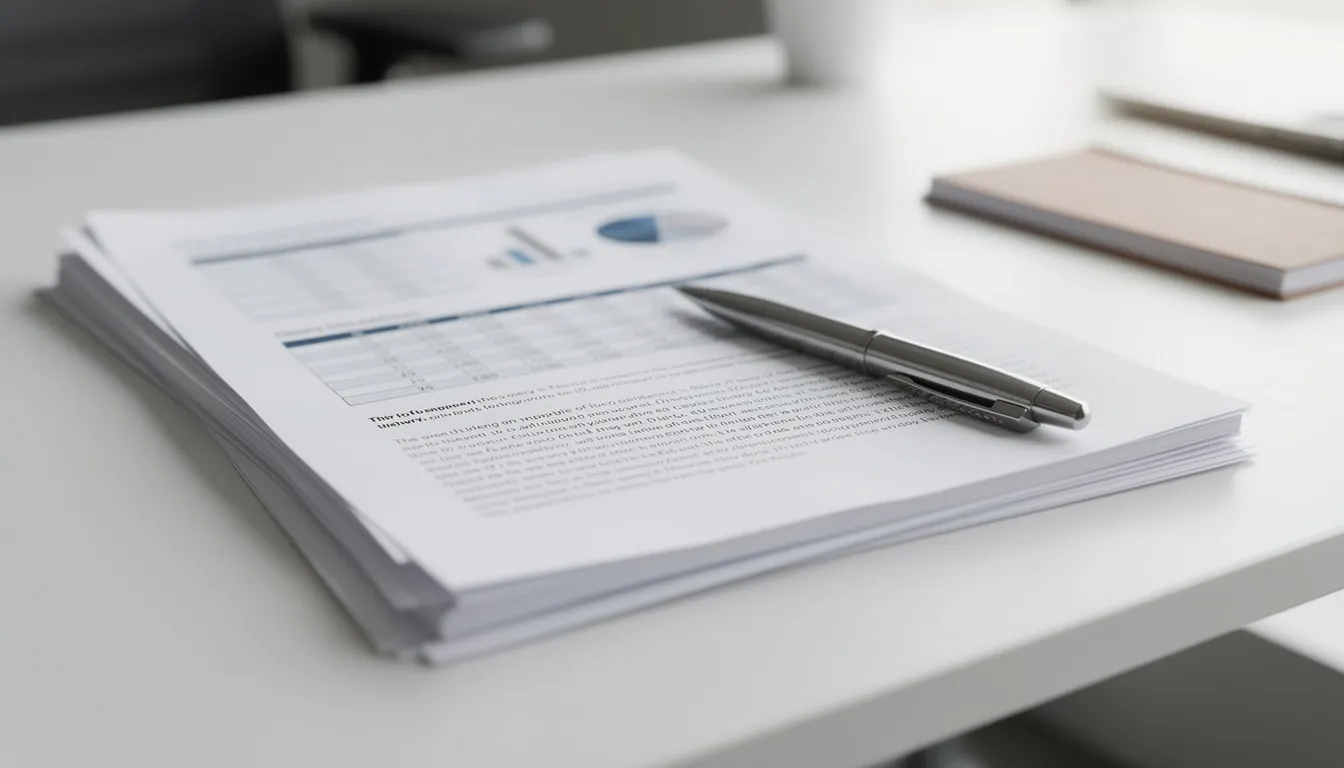 Na biurku znajduje się stos dokumentów biznesowych oraz długopis, co sugeruje przygotowania do prowadzenia działalności gospodarczej. Tego typu dokumenty mogą dotyczyć faktoringu dla nowych firm, co jest istotne dla utrzymania płynności finansowej i współpracy z partnerami biznesowymi.