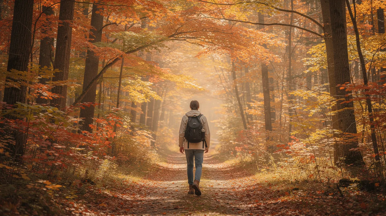 A person is walking along a wooded path in Michigan, surrounded by vibrant autumn foliage. This serene scene can evoke feelings of peace, contrasting with the emotional dysregulation often experienced in complex mental health conditions like anxiety disorders and ADHD.