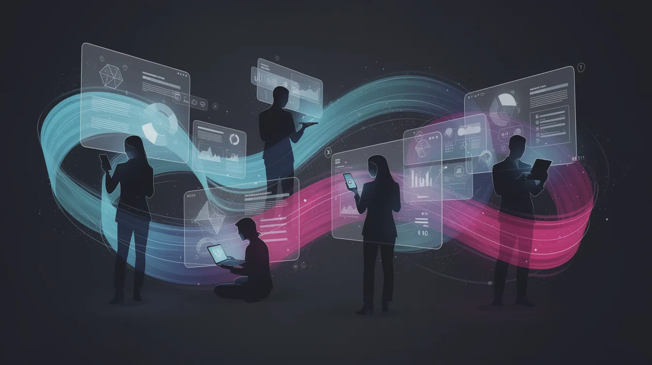 Una imagen abstracta muestra interfaces digitales fluidas que se transforman y se adaptan en torno a diversas siluetas de usuarios que interactúan con distintos dispositivos, ilustrando la interacción fluida que facilitan las herramientas basadas en la inteligencia artificial a la hora de mejorar la experiencia y la satisfacción del cliente a lo largo de todo el Customer Journey. El diseño dinámico refleja la integración de la tecnología de inteligencia artificial en el diseño de la experiencia de usuario (UX), haciendo hincapié en su papel a la hora de analizar los comentarios de los usuarios y anticiparse a las necesidades de los clientes.