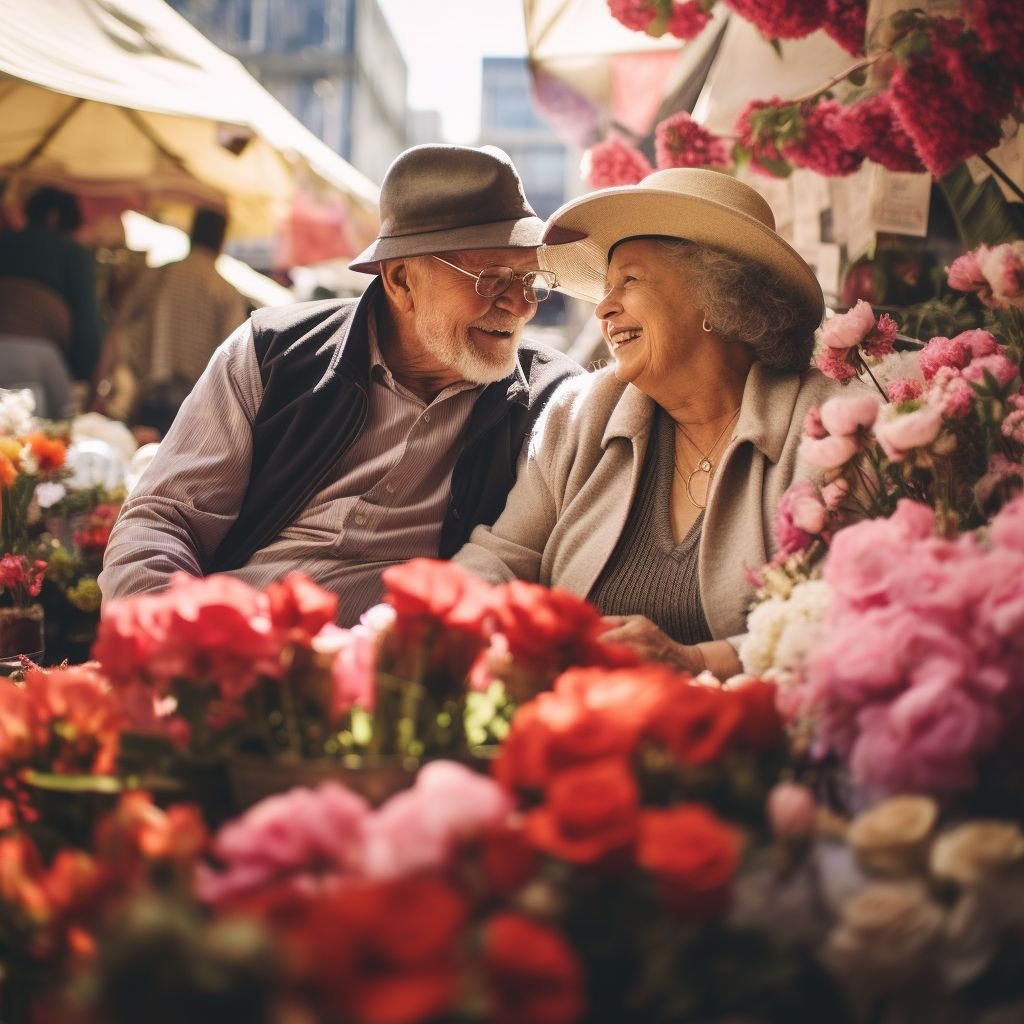Couple in their seventies smiling and surrounded by a sea of roses on February 14 and a letter of love delivered
