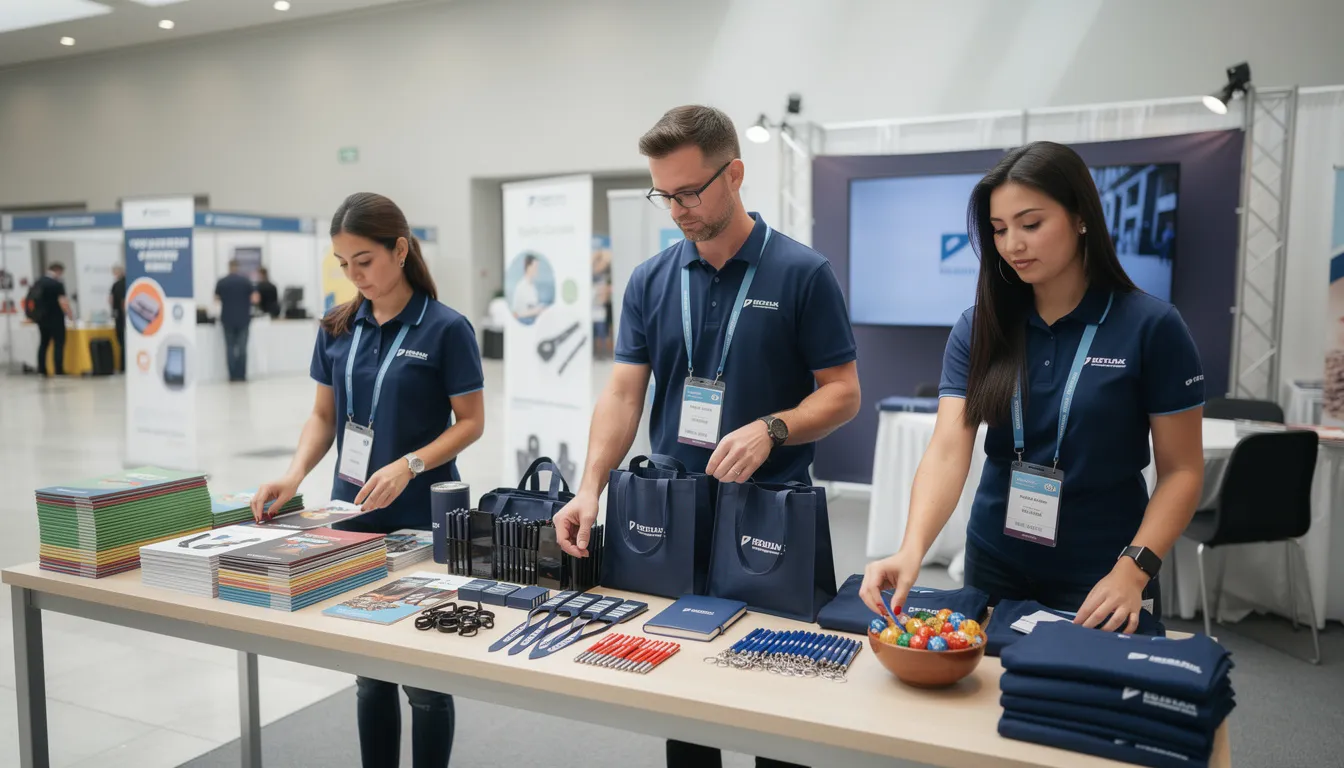 A team of exhibition members is meticulously arranging marketing materials and promotional giveaways on a display table, preparing for their upcoming trade show participation. The setup includes various booth materials designed to attract potential customers and enhance their exhibition stand's appeal.
