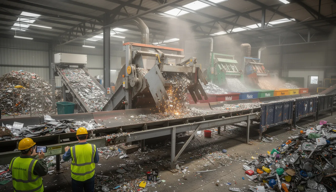 The image shows a busy recycling facility where various metals and materials, including old mattresses and box springs, are being sorted for proper disposal. This facility emphasizes the importance of mattress recycling, helping to reduce landfill waste and promote environmental sustainability.
