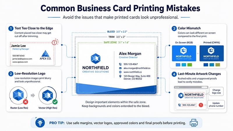 common business card printing mistakes including text too close to edge low resolution logo color mismatch and artwork changes