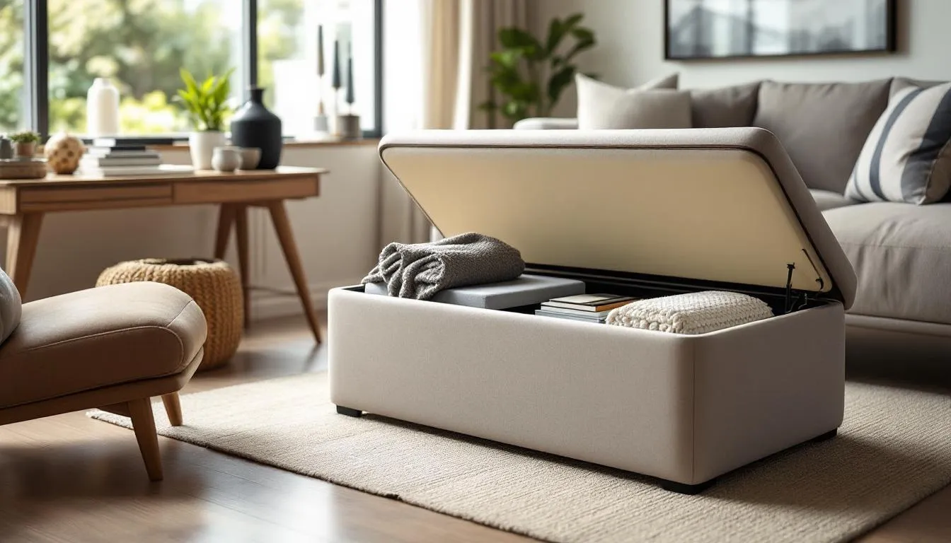 What is a Multi-Functional Ottoman? A stylish ottoman with hidden storage in a modern living room.