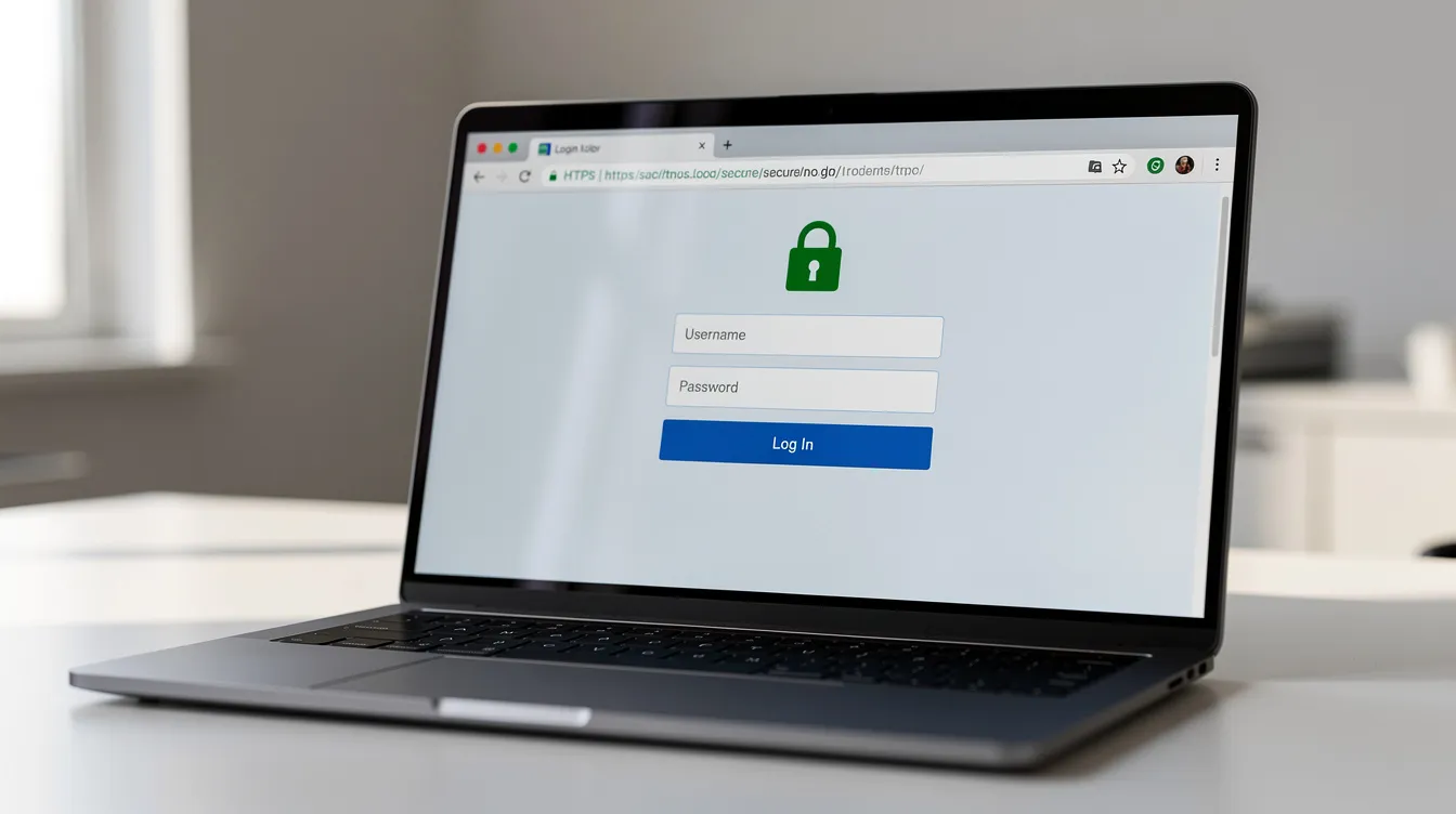 The image depicts a laptop screen displaying a secure website login page, featuring a padlock icon in the browser bar, indicating successful security verification to protect users from malicious bots. This interface is essential for applicants seeking jobs or work visas in Italy and EU countries.